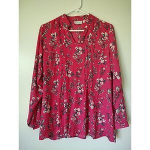 Joan River Womens Size 4 Semi Sheer Bright Pink Floral Pintuck V Neck Blouse Top